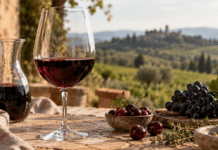 Sangiovese Geschmack und Stil richtig verstehen Ein Glas Rotwein neben einer Karaffe, Kirschen und dunklen Trauben.