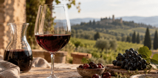 Ein Glas Rotwein neben einer Karaffe, Kirschen und dunklen Trauben.