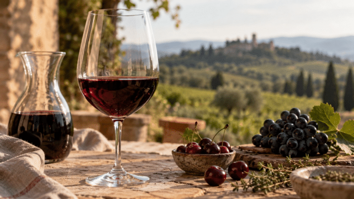 Ein Glas Rotwein neben einer Karaffe, Kirschen und dunklen Trauben.