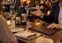 Eine Person gestikuliert an einem Restauranttisch neben zwei Weinflaschen und Weingläsern; davor liegt eine geschlossene Mappe.