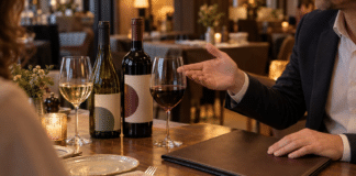 Eine Person gestikuliert an einem Restauranttisch neben zwei Weinflaschen und Weingläsern; davor liegt eine geschlossene Mappe.