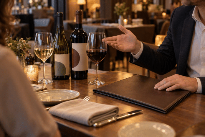 10298-editorial-v1 Eine Person gestikuliert an einem Restauranttisch neben zwei Weinflaschen und Weingläsern; davor liegt eine geschlossene Mappe.