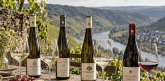 Vier deutsche Weinflaschen und gefüllte Gläser vor einer Weinlandschaft mit Flusstal.