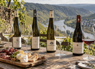 Vier deutsche Weinflaschen und gefüllte Gläser vor einer Weinlandschaft mit Flusstal.