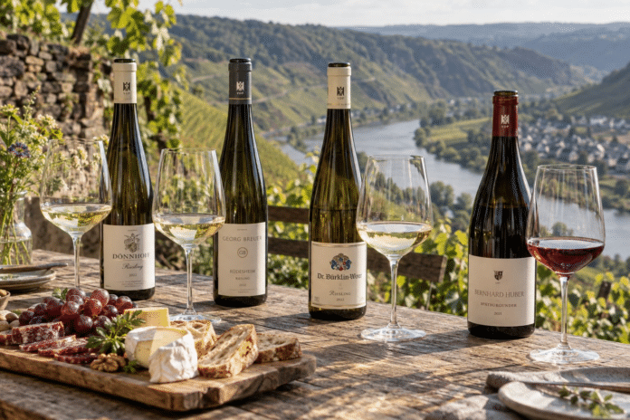 10304-editorial-v1 Vier deutsche Weinflaschen und gefüllte Gläser vor einer Weinlandschaft mit Flusstal.