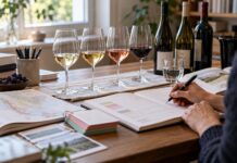 WSET Prüfung vorbereiten mit System Lernunterlagen, Karte und Notizen neben vier Weingläsern und Weinflaschen auf einem Tisch
