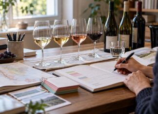 WSET Prüfung vorbereiten mit System Lernunterlagen, Karte und Notizen neben vier Weingläsern und Weinflaschen auf einem Tisch