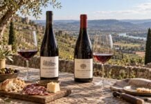 Zwei Rotweinflaschen und gefüllte Weingläser vor einer Weinlandschaft an der Rhône