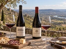 Zwei Rotweinflaschen und gefüllte Weingläser vor einer Weinlandschaft an der Rhône