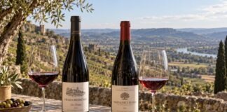 Zwei Rotweinflaschen und gefüllte Weingläser vor einer Weinlandschaft an der Rhône