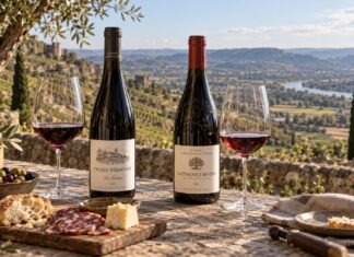 Zwei Rotweinflaschen und gefüllte Weingläser vor einer Weinlandschaft an der Rhône