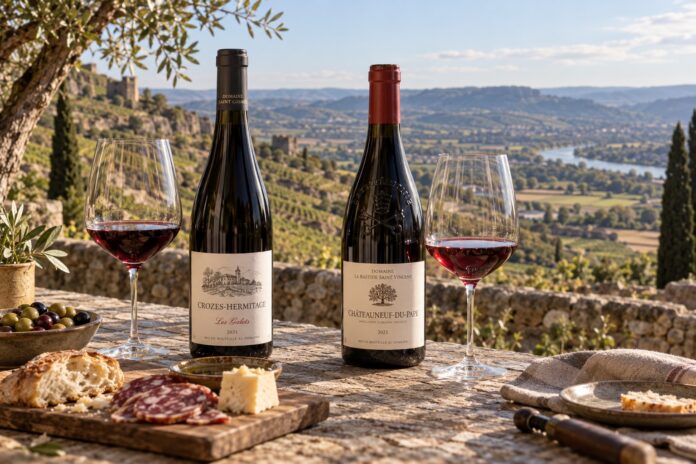 10350-rhone-weinregion-editorial-v1 Zwei Rotweinflaschen und gefüllte Weingläser vor einer Weinlandschaft an der Rhône