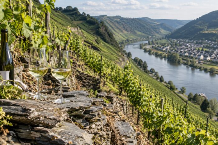 Steile Weinberge an der Mosel mit Riesling und Schiefer