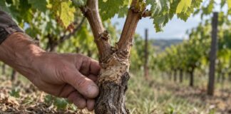 Veredelte Weinrebe mit sichtbarer Pfropfstelle