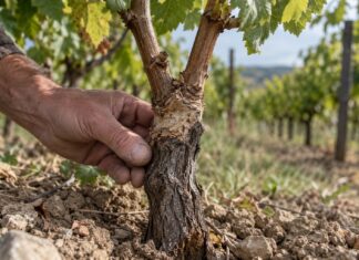 Veredelte Weinrebe mit sichtbarer Pfropfstelle