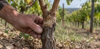 Veredelte Weinrebe mit sichtbarer Pfropfstelle