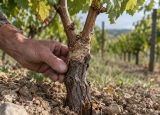 Veredelte Weinrebe mit sichtbarer Pfropfstelle