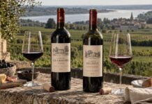 Zwei Rotweine aus dem Médoc und Saint-Émilion mit gefüllten Weingläsern vor einer Bordeaux-Landschaft.