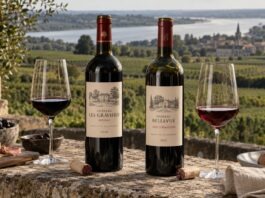 Zwei Rotweine aus dem Médoc und Saint-Émilion mit gefüllten Weingläsern vor einer Bordeaux-Landschaft.