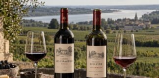 Zwei Rotweine aus dem Médoc und Saint-Émilion mit gefüllten Weingläsern vor einer Bordeaux-Landschaft.