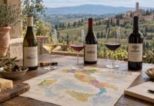 Italiens Weinregionen: Herkunft, Klima und Stilfamilien Italienkarte mit Weinen und gefüllten Gläsern auf einem Tisch.