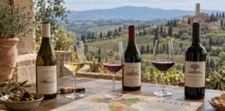 Italienkarte mit Weinen und gefüllten Gläsern auf einem Tisch.