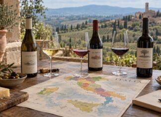 Italienkarte mit Weinen und gefüllten Gläsern auf einem Tisch.
