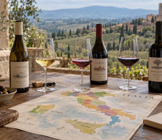 Italienkarte mit Weinen und gefüllten Gläsern auf einem Tisch.