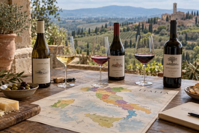 Italienkarte mit Weinen und gefüllten Gläsern auf einem Tisch.