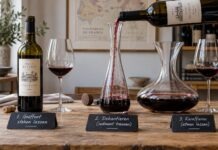 Drei Wein-Situationen zum Stehenlassen, Dekantieren und Karaffieren mit Flaschen, Gläsern und Karaffen.