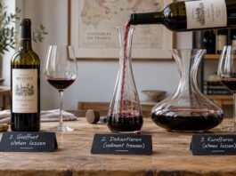 Drei Wein-Situationen zum Stehenlassen, Dekantieren und Karaffieren mit Flaschen, Gläsern und Karaffen.