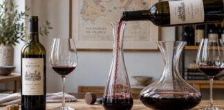 Drei Wein-Situationen zum Stehenlassen, Dekantieren und Karaffieren mit Flaschen, Gläsern und Karaffen.
