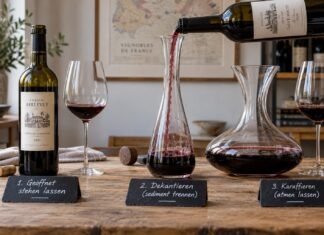 Drei Wein-Situationen zum Stehenlassen, Dekantieren und Karaffieren mit Flaschen, Gläsern und Karaffen.